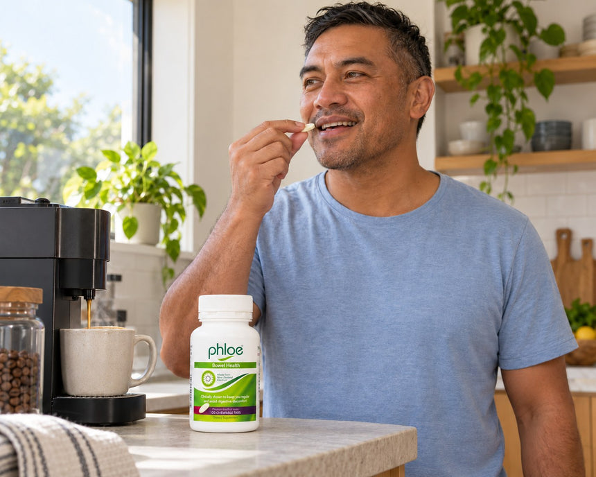 Man at his kitchen bench in the morning, chewing a Phloe tablet while his coffee brews, with a bottle of Phloe Chewables on the bench